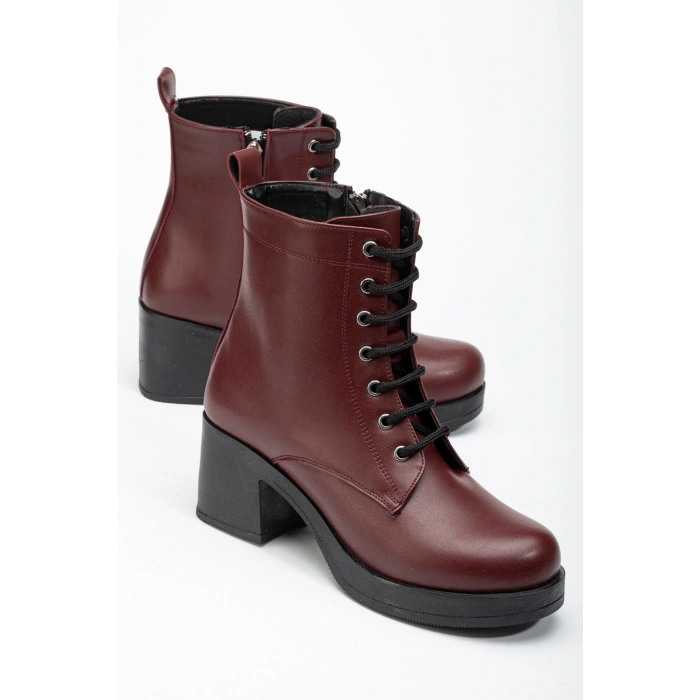 5109-3025 Bordo Bağcıklı Fermuarlı Kalın Topuklu Günlük Kadın Bot
