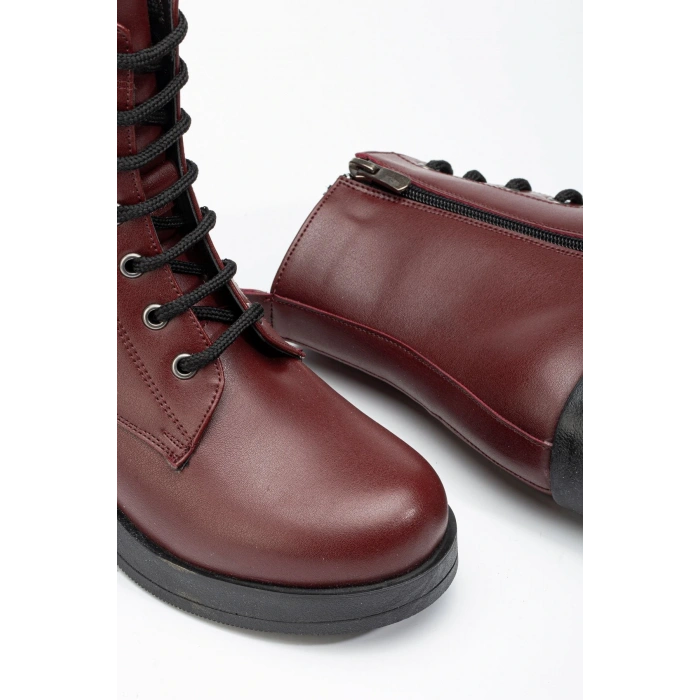 5109-3025 Bordo Bağcıklı Fermuarlı Kalın Topuklu Günlük Kadın Bot