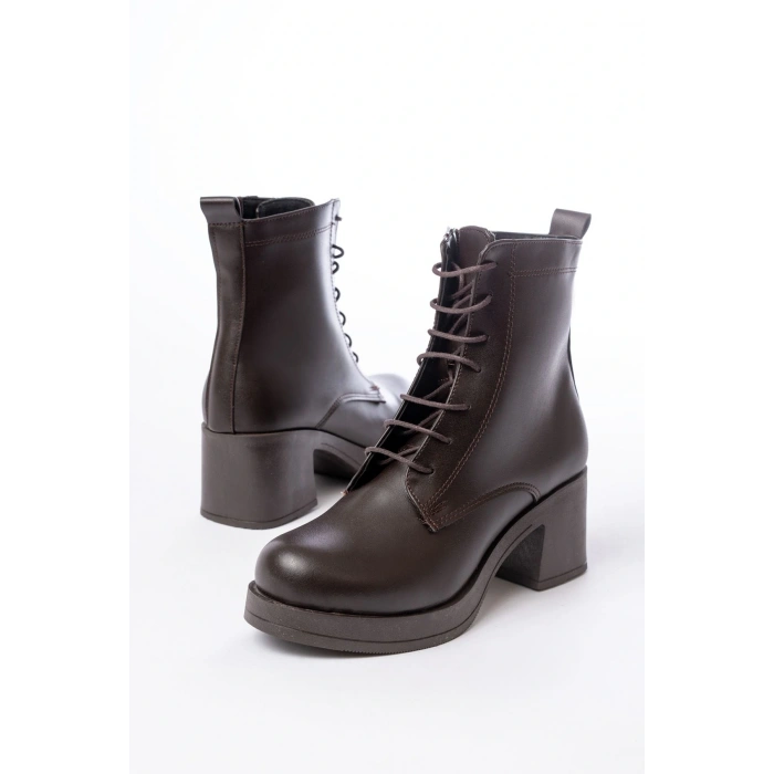 5109-3025 Kahverengi Bağcıklı Fermuarlı Kalın Topuklu Günlük Kadın Bot