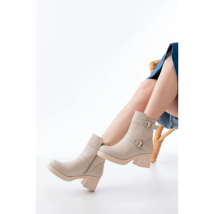 5109-3027 Bej Topuklu Fermuarlı Günlük Kadın Bot