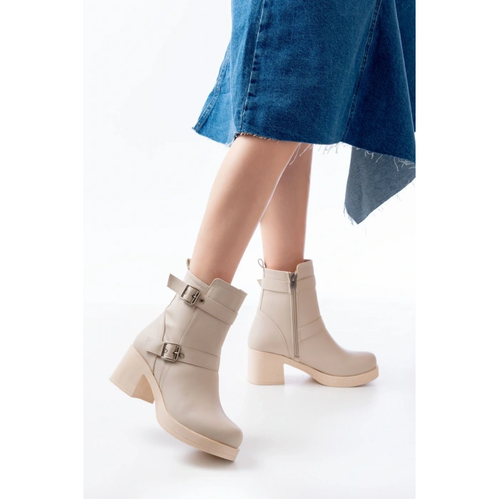 5109-3027 Bej Topuklu Fermuarlı Günlük Kadın Bot