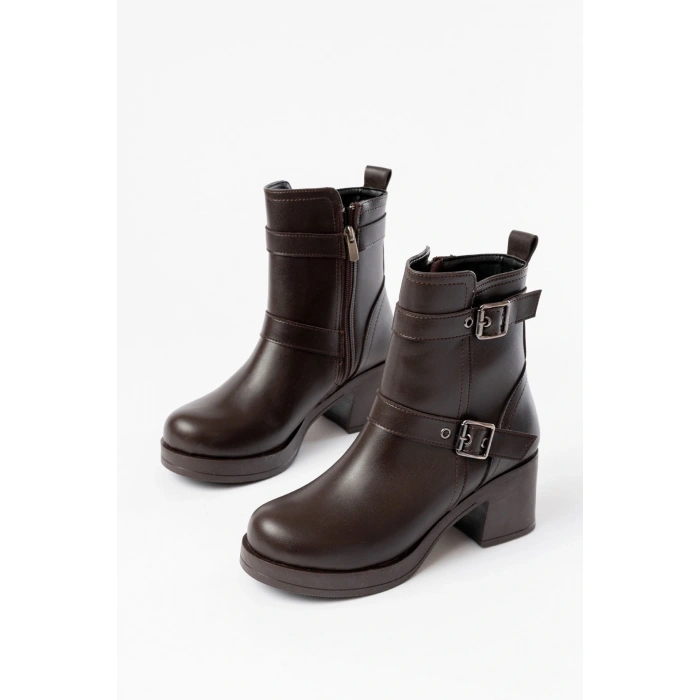 5109-3027 Kahverengi Topuklu Fermuarlı Günlük Kadın Bot