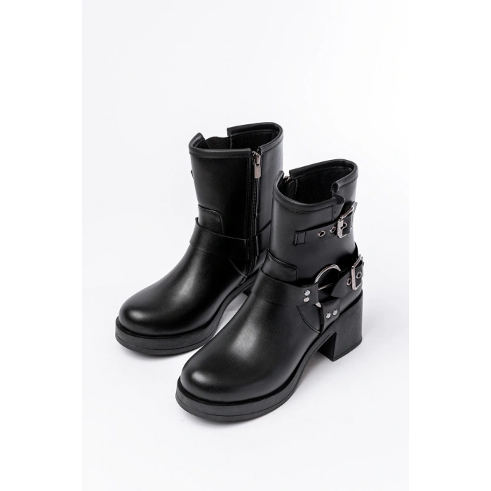 5109-3028 Siyah Toka Aksesuarlı Fermuarlı Topuklu Günlük Kadın Bot