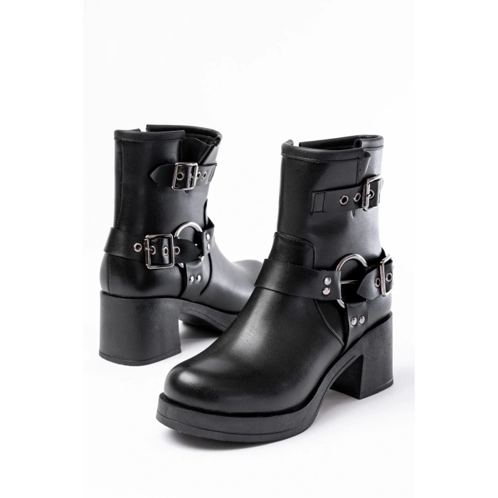 5109-3028 Siyah Toka Aksesuarlı Fermuarlı Topuklu Günlük Kadın Bot