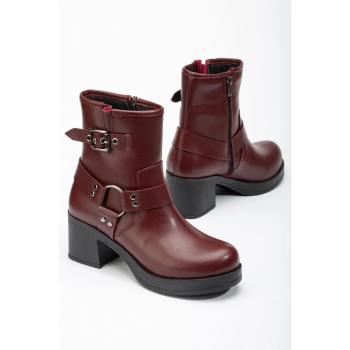 5109-3042 Bordo Toka Aksesuarlı Fermuarlı Kalın Topuklu Günlük Kadın Bot