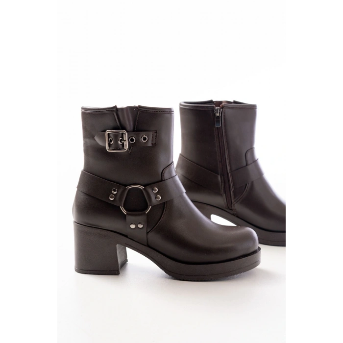 5109-3042 Kahverengi Toka Aksesuarlı Fermuarlı Kalın Topuklu Günlük Kadın Bot