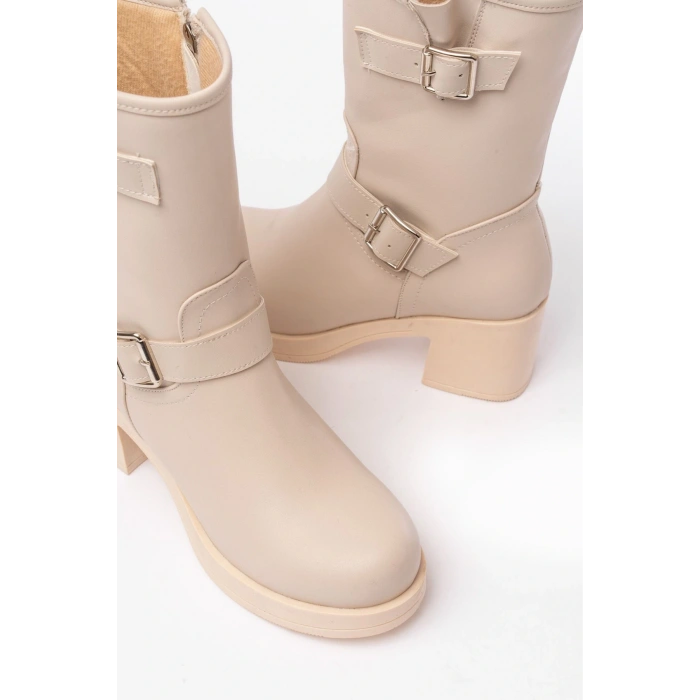 5109-3043 Bej Toka Aksesuarlı Fermuarlı Kalın Topuklu Günlük Kadın Bot