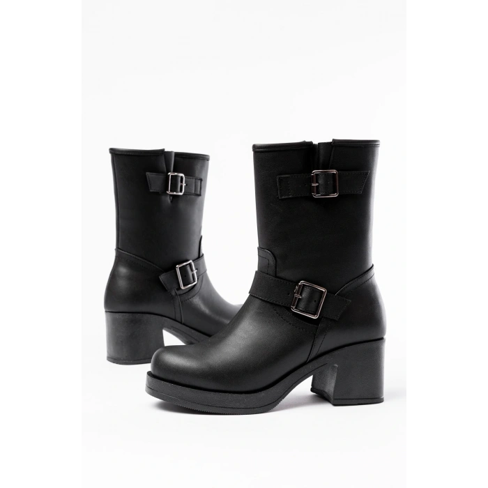 5109-3043 Siyah Toka Aksesuarlı Fermuarlı Kalın Topuklu Günlük Kadın Bot