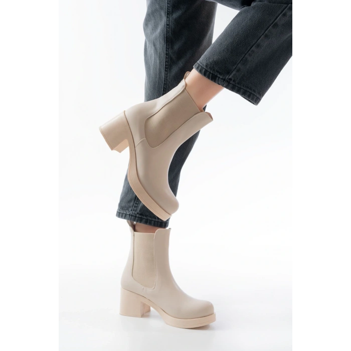 5109-3056 Bej Lastikli  Kalın Topuklu Günlük Kadın Bot