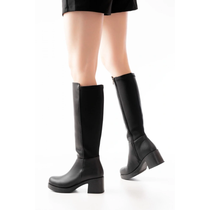 5109-3060 Siyah Topuklu Fermuarlı Günlük Kadın Çizme