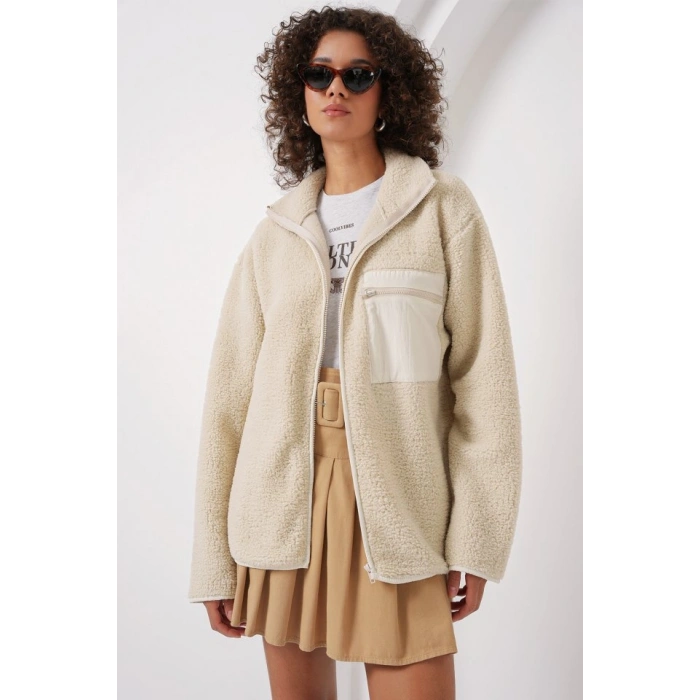 55446 Fermuarlı Oversize Peluş Ceket  Krem