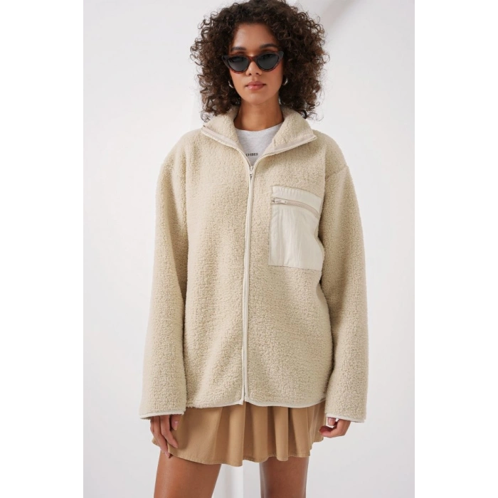 55446 Fermuarlı Oversize Peluş Ceket  Krem