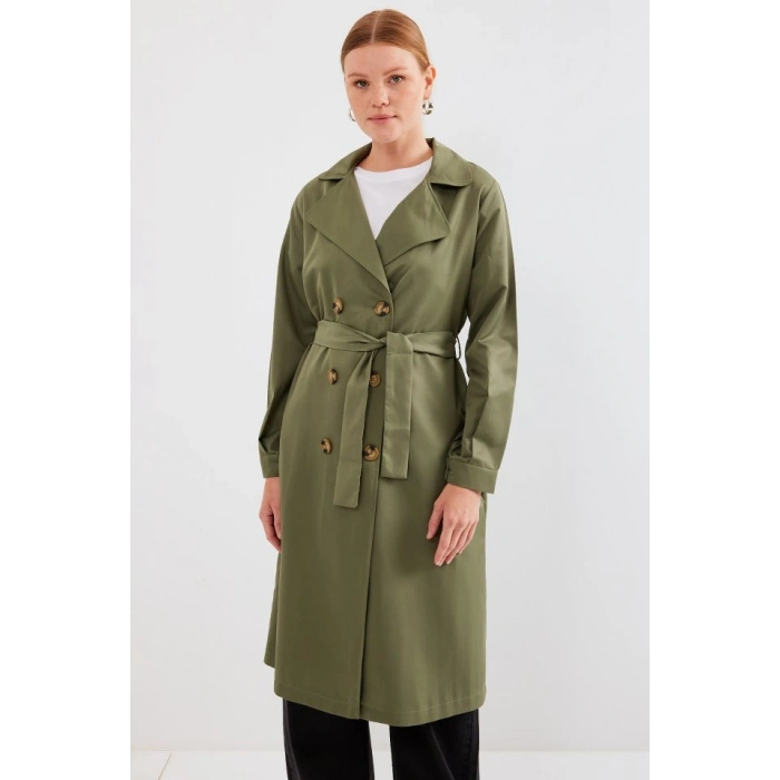 5853 Kruvaze Yaka Trençkot  Haki