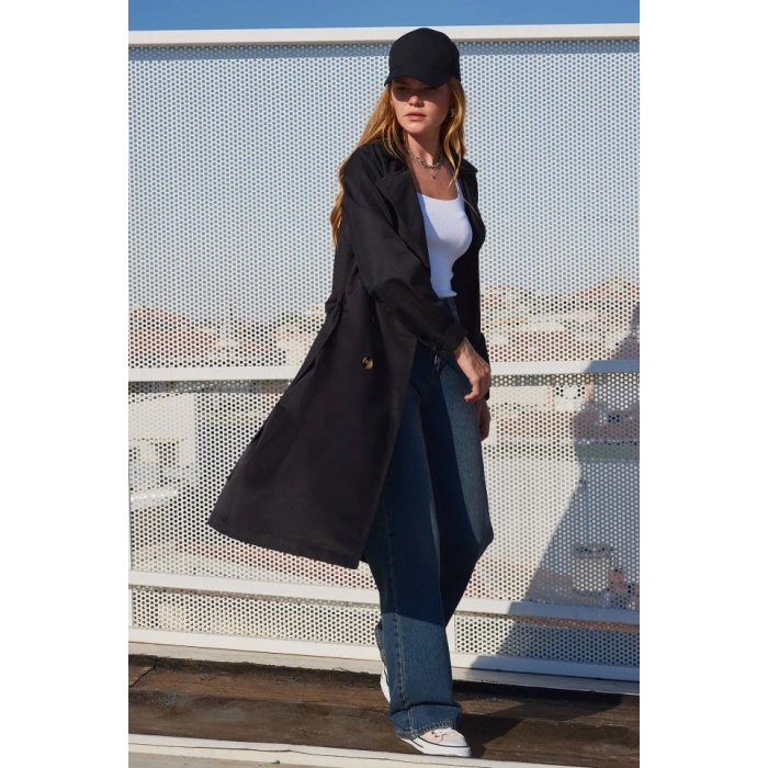 5853 Kruvaze Yaka Trençkot  Siyah