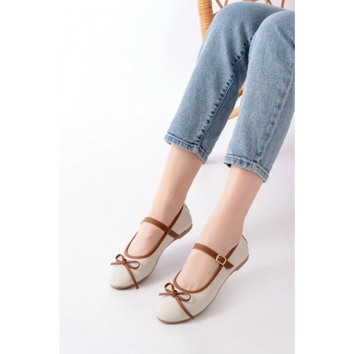 6321 Bej Keten Günlük Baret Tokalı Bayan Babet