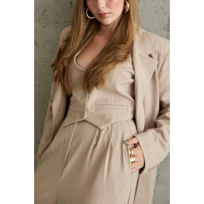 Bej Çizgili Ceket  Yelek Ve Pantolon Takım