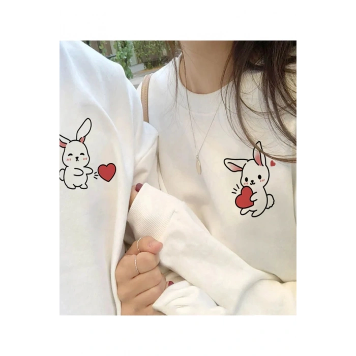 Tavşan Baskılı evgili Çift Kombini Kapüşonlu weatshirt  Hodie  Beyaz