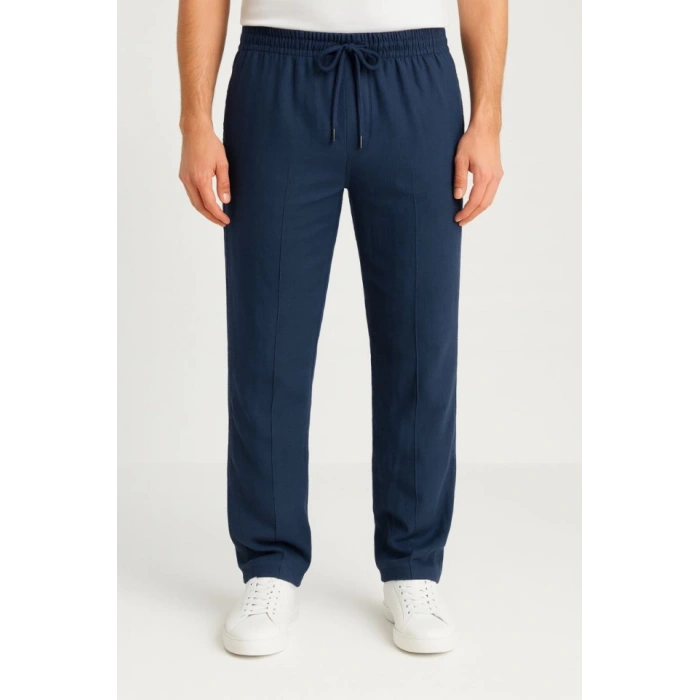 Erkek Keten Pantolon – Cepli, Beli astikli Ve Bağcıklı, Nefes Alan Rahat Kalıp, Yazlık Ve Baharlık Günlük Giyim, Şık  Konforlu Boru Paça odel  acivert