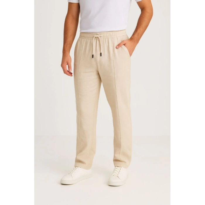 Erkek Keten Pantolon – Cepli, Beli astikli Ve Bağcıklı, Nefes Alan Rahat Kalıp, Yazlık Ve Baharlık Günlük Giyim, Şık  Konforlu Boru Paça odel  Bej