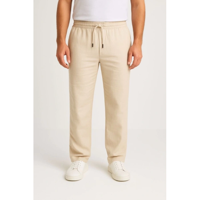 Erkek Keten Pantolon – Cepli, Beli astikli Ve Bağcıklı, Nefes Alan Rahat Kalıp, Yazlık Ve Baharlık Günlük Giyim, Şık  Konforlu Boru Paça odel  Bej