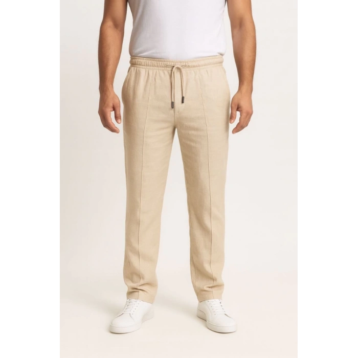 Erkek Keten Pantolon – Cepli, Beli astikli Ve Bağcıklı, Nefes Alan Rahat Kalıp, Yazlık Ve Baharlık Günlük Giyim, Şık  Konforlu Boru Paça odel  Bej