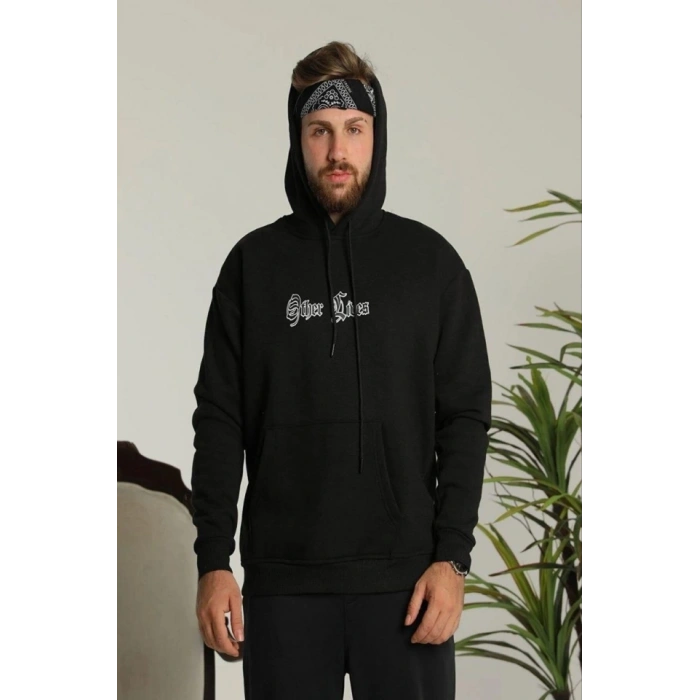 Erkek Kapşonlu weatshirt – Oversize Üç İplik Şardonlu Hoodie, “Other ives” Ön  Arka Baskılı, Kanguru Cepli, Kışlık Rahat Günlük til  iyah