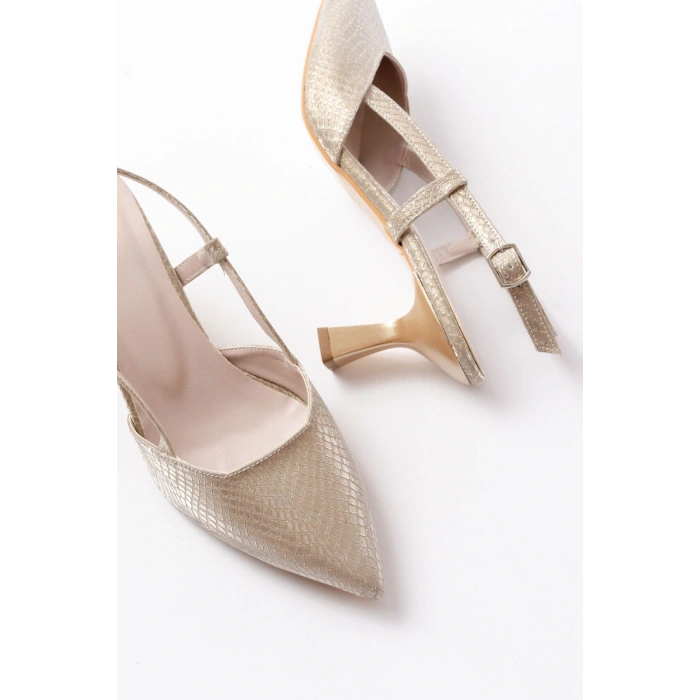 725 Gold Pul Desenli Sivri Burunlu  Topuklu Kadın Ayakkabı