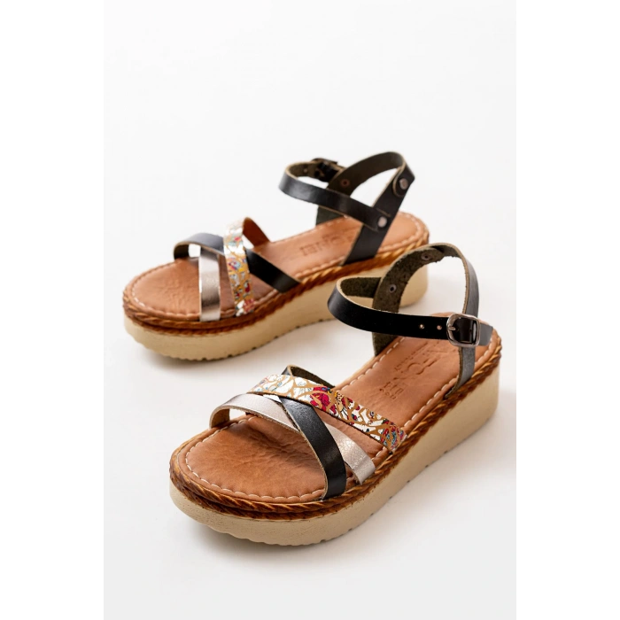 730-015 Siyah Garni Ortopedik Hakiki Deri Dolgu Kadın Sandalet