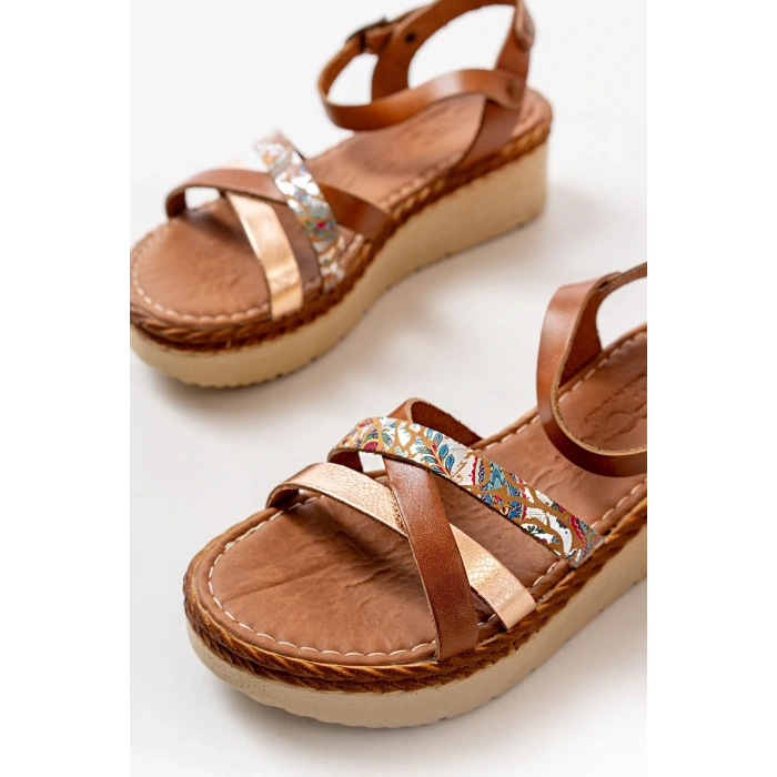 730-015 Taba Garni Ortopedik Hakiki Deri Dolgu Kadın Sandalet