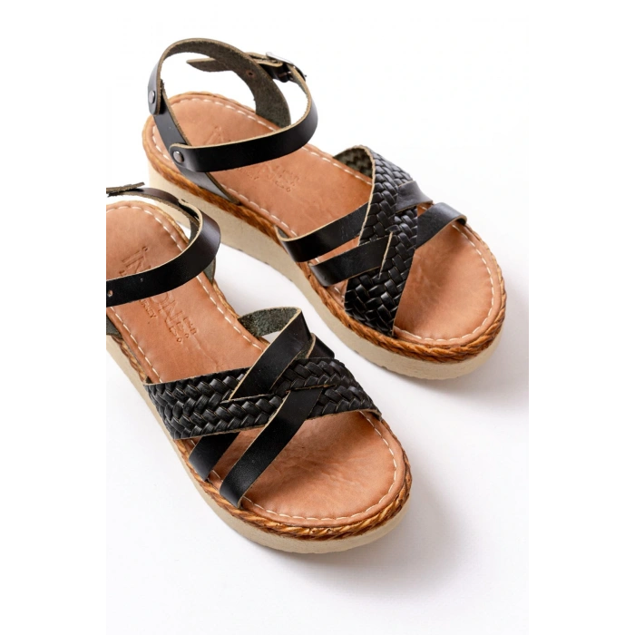 730-138 Siyah Örgü Hakiki Deri Ortopedik Taban Kadın Sandalet