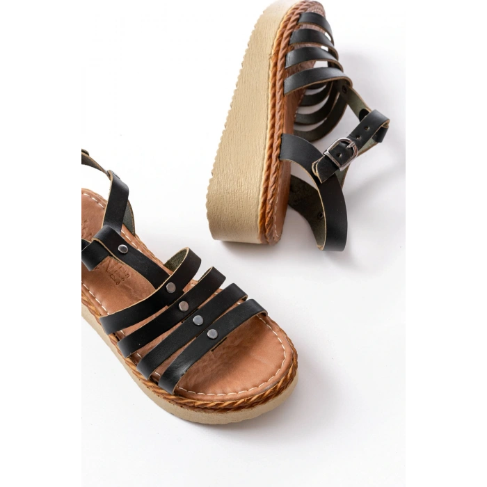 730-142 Siyah Hakiki Deri Ortopedik Taban Kadın Sandalet