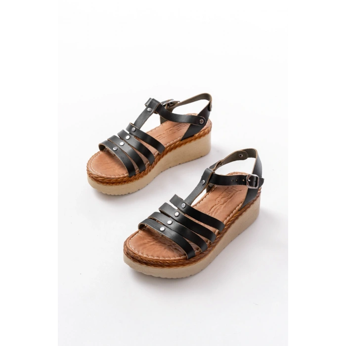 730-142 Siyah Hakiki Deri Ortopedik Taban Kadın Sandalet