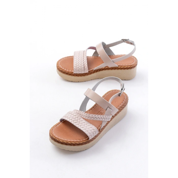 730-152 Bej Örgü Desenli Hakiki Deri Ortopedik Taban Kadın Sandalet