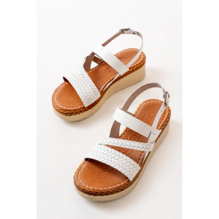 730-152 Beyaz Ortopedik Hakiki Deri Dolgu Kadın Sandalet