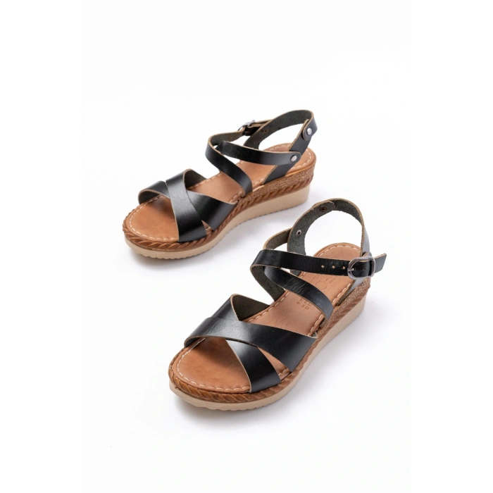 731-045 Siyah Çapraz Hakiki Deri Dolgu Topuklu Günlük Kadın Sandalet