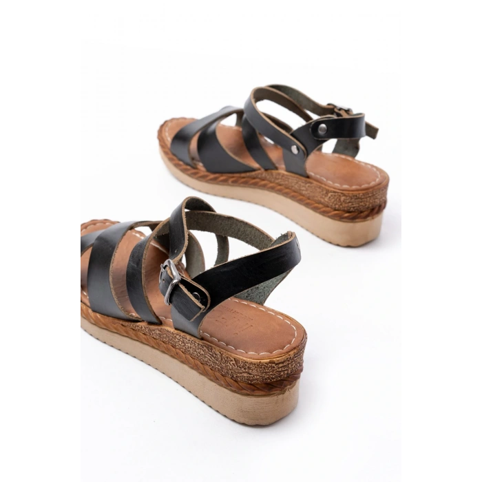 731-045 Siyah Çapraz Hakiki Deri Dolgu Topuklu Günlük Kadın Sandalet