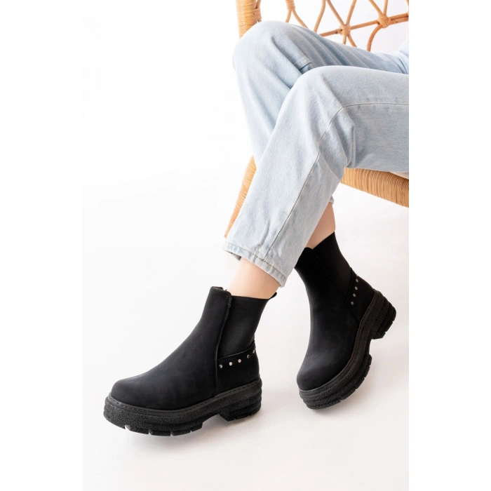 749-2005 Siyah Zümrüt Düz Topuklu Lastikli Günlük Kadın Bot