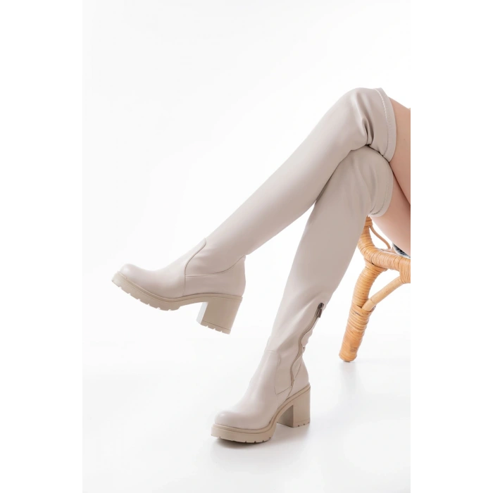 767-3010 Bej Streç Günlük Kalın Topuklu Kadın Çizme