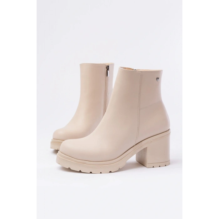 767-3020 Bej Fermuarlı Kalın Topuklu Günlük Kadın Bot