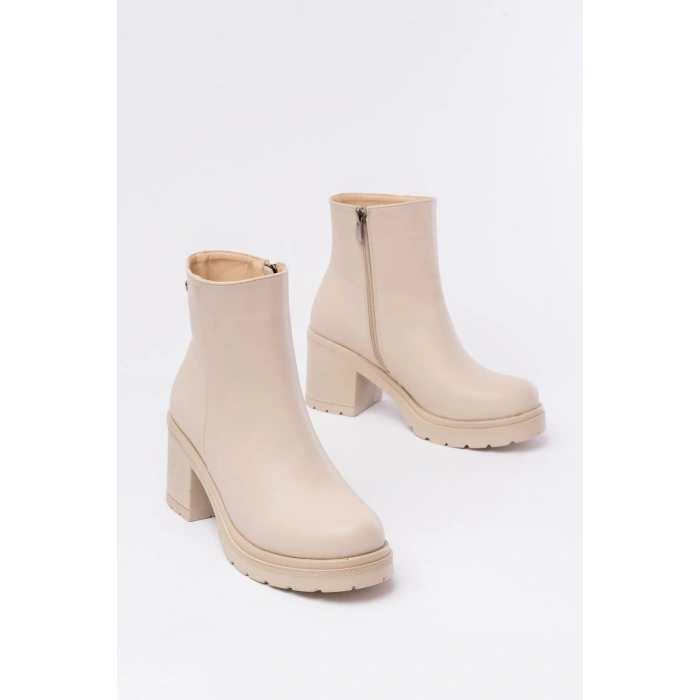767-3020 Bej Fermuarlı Kalın Topuklu Günlük Kadın Bot