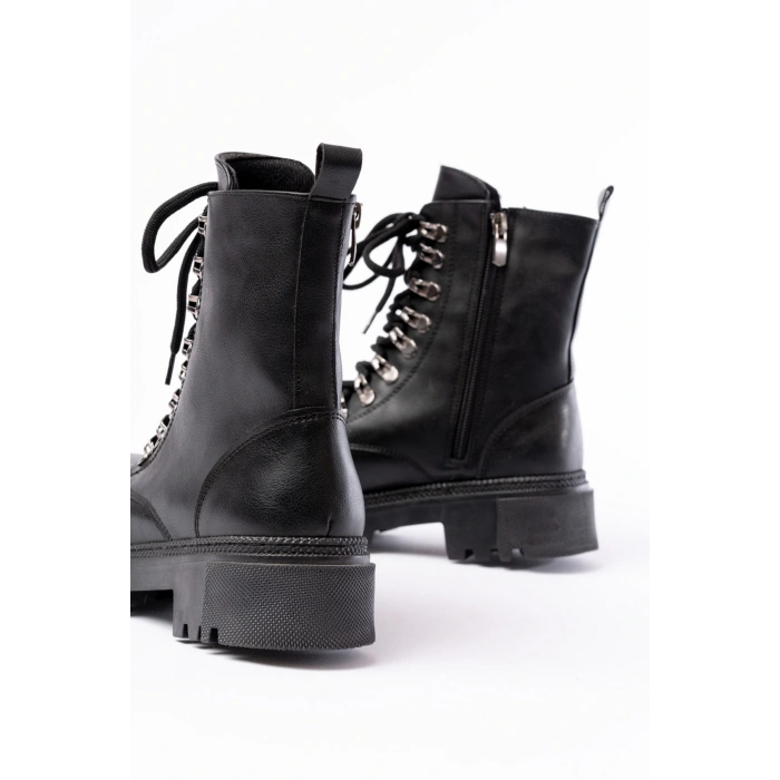 812-2121 Siyah Cilt Bağcıklı Fermuarlı Günlük Kadın Bot