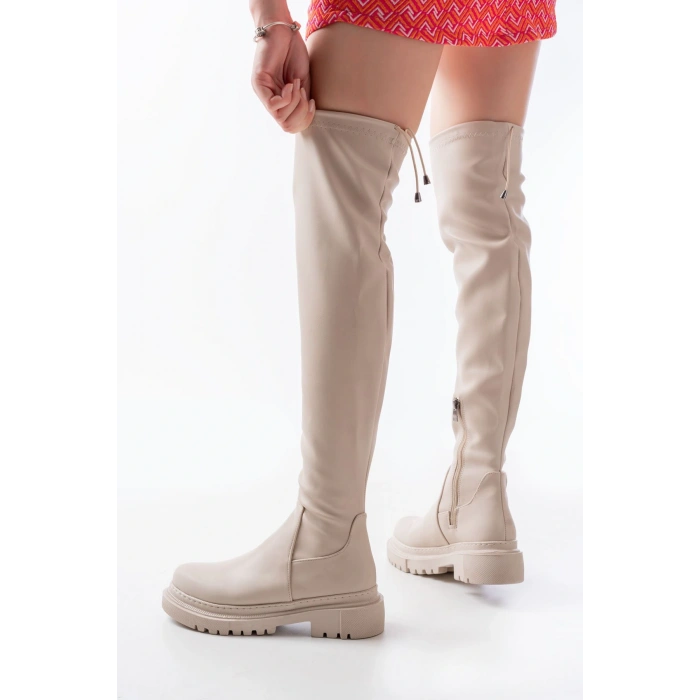 812-2194 Bej Fermuarlı Diz Üstü Bağcıklı Çorap Günlük Kadın Çizme