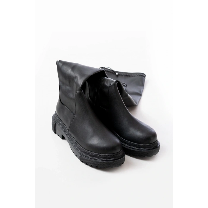 812-2194 Siyah Fermuarlı Diz Üstü Bağcıklı Çorap Günlük Kadın Çizme