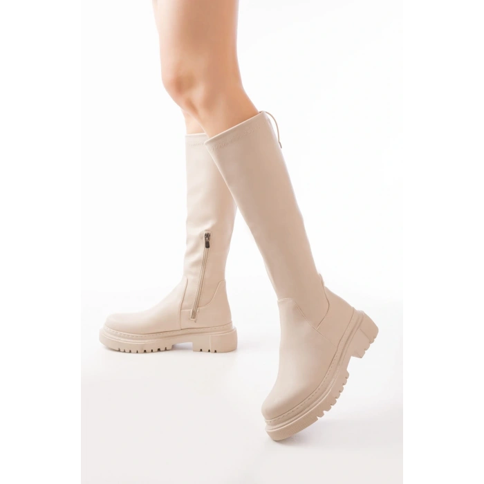 812-2291 Bej Fermuarlı Günlük Kadın Çizme