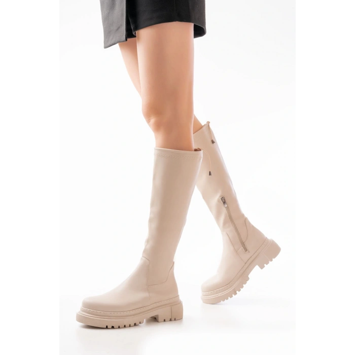 812-2291 Bej Fermuarlı Günlük Kadın Çizme