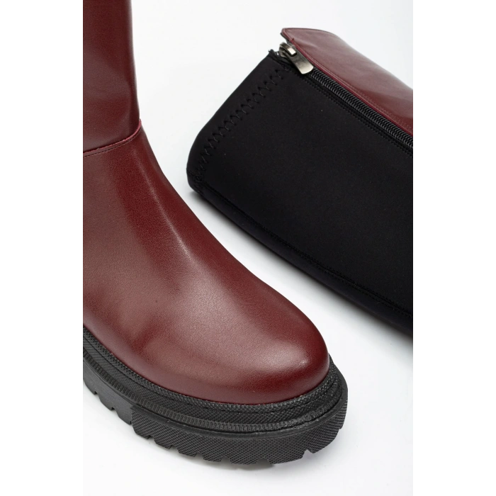 812-305 Bordo Arkası Streç Fermuarlı Günlük Kadın Çizme
