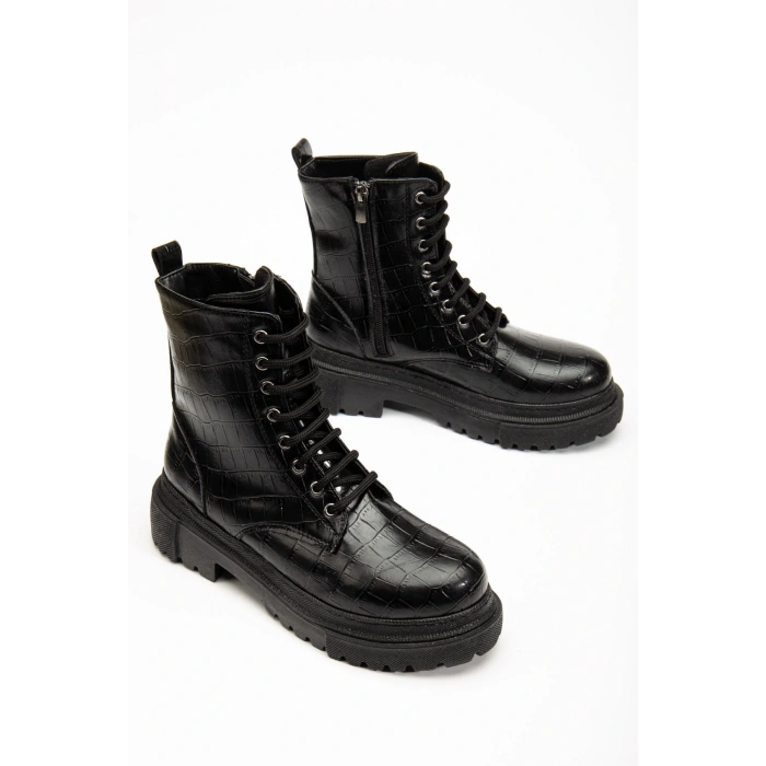 812-356 Siyah Kroko Bağcıklı Fermuarlı Günlük Kadın Bot