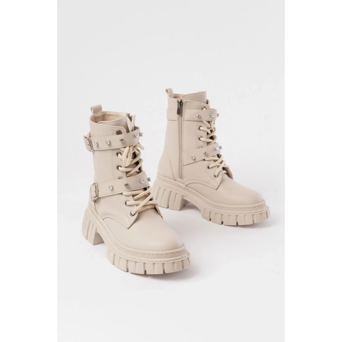 842-03 Bej Bağcıklı Kalın Tabanlı Bağcıklı Fermuarlı Günlük Kadın Bot