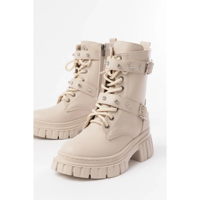 842-03 Bej Bağcıklı Kalın Tabanlı Bağcıklı Fermuarlı Günlük Kadın Bot