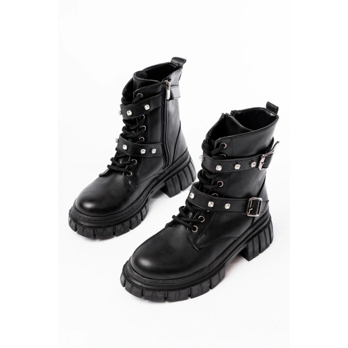 842-03 Siyah Bağcıklı Kalın Tabanlı Bağcıklı Fermuarlı Günlük Kadın Bot